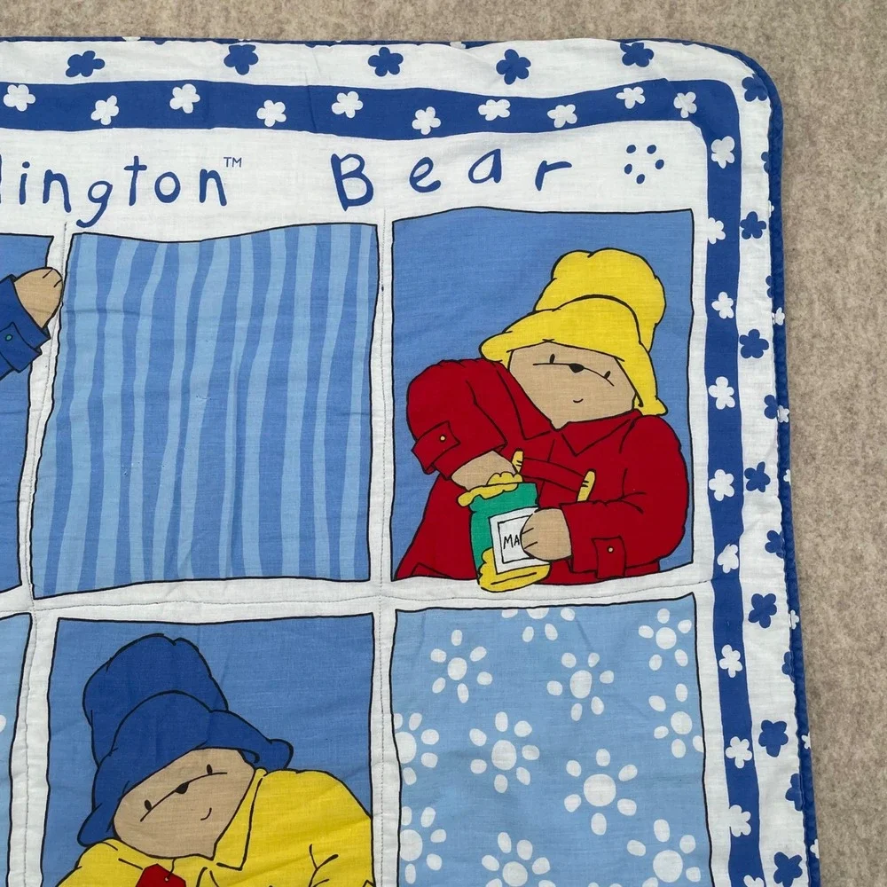 Vintage Paddington Bear Baby Quilt Blanket Blue White Floral Nursery 32x41